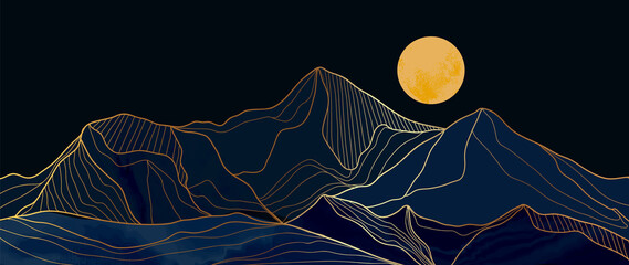Mountain line art background, luxury gold wallpaper design for cover, invitation background, packaging design, wall art and print. Vector illustration.