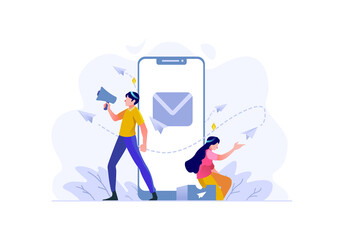Business finance man and women team doing marketing pattern social media announcement send flat and outline design style Vector Illustration