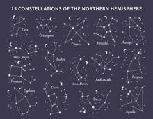 15 Constellations Northern Hemisphere Set Includes Andromeda, Cassiopeia, Ursa Minor, Ursa Major, Orion, Pegasus, Perseus, Hercules, Aquila, Auriga, Draco, Cepheus. Vector Illustration Blue Background