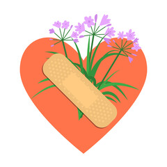sticking plaster and purple flowers on red heart silhouette. medical patch isolated on white backgro