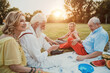 © oneinchpunch - Group of seniors making a picnic at the park and having fun