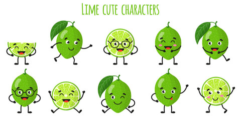 Lime citrus fruit cute funny cheerful characters with different poses and emotions.