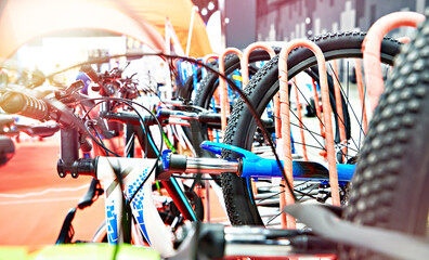 Bicycles on a vertical rack in store