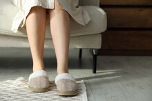 Woman In Soft Slippers At Home, Closeup