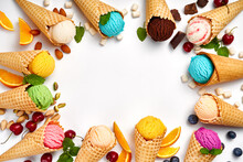 Assorted Of Ice Cream In Cones On White Background. Colorful Set Of Ice Cream Of Different Flavours. Ice Cream Isolated With Nuts, Fruits And Berries.