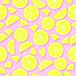 © Freesia - seamless pattern with lemons , pink background, citrus fruits drawing