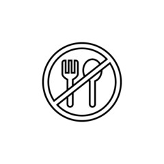 Sticker - No eating allowed icon in flat black line style, isolated on white background 