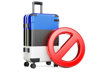 Estonia Entry Ban. Suitcase with Estonian flag and prohibition sign. 3D rendering