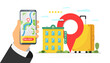 © Azat Valeev - Find hotel and booking online service for vacation tourism app concept. Travel apartment mobile search and reservation banner. Motel baggage suitcase and location pin on smartphone eps illustration