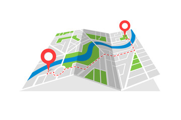 City street cartography folded map plan with GPS location place pins and navigation red route between point markers. Finding way path direction concept vector perspective view isometric illustration