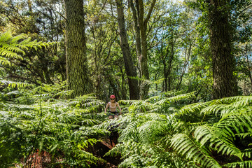 Wall Mural - pretty young woman mountain biking in nature