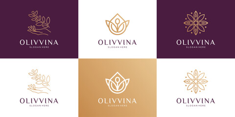Wall Mural - Set of abstract beauty flower, olive oil, branch and feminine logo design collection.
