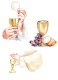 Fototapeta  - Watercolor illustration. Holy Communion, Last Supper. A bowl of wine, bread, grapes and ears of wheat. Easter service, Catholicism, Protestantism