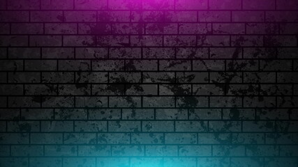 Grunge brick wall with neon glowing lights background