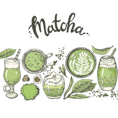 Wall Mural - Hand-drawn sketch matcha drinks and desserts.