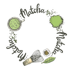 Wall Mural - Matcha drink and bamboo whisk round lettering