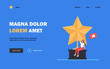 Wall Mural - tiny woman sitting on large golden star. like, prize, blogger flat vector illustration. achievement 