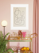 3d Render Of A Modern Brass Ans Pink Mini Bar Trolley Cart With Glasses, Drinks, A Minimal Art Frame And An Exotic Plant