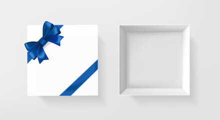 Poster - White gift box opened and closed with blue ribbon and bow
