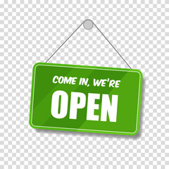 Open sign for door isolated on transparent background. Welcome. Vector lettering.