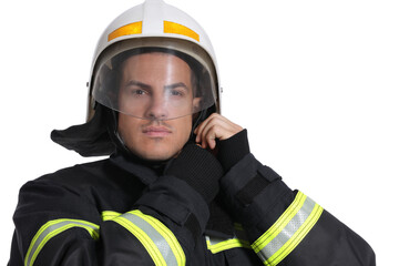 Wall Mural - Portrait of firefighter in uniform wearing helmet on white background