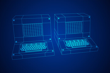Classic retro perconal computer. Programming code concept. Wireframe low poly mesh vector illustration