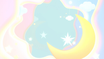 Beautiful good night and sleep tight paper art. Hanging clouds, glowing stars, yellow crescent moon, and soft pastel gradient color corridor. 3d rendering picture.