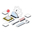Control panel, tools screwdriver and wrench, gear settings, cloud technology. Vector 3d line isometric, color web icons, new flat style. Creative design idea for infographics.