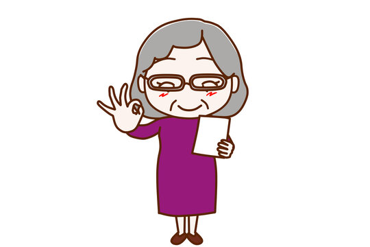 書類が完成してバッチリの手をする高齢の女性