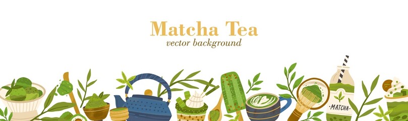 Web banner template with matcha food and drinks border on white background. Backdrop with green organic Japanese powder, natural leaves, tea, coffee, ice-cream, and whisk. Flat vector illustration