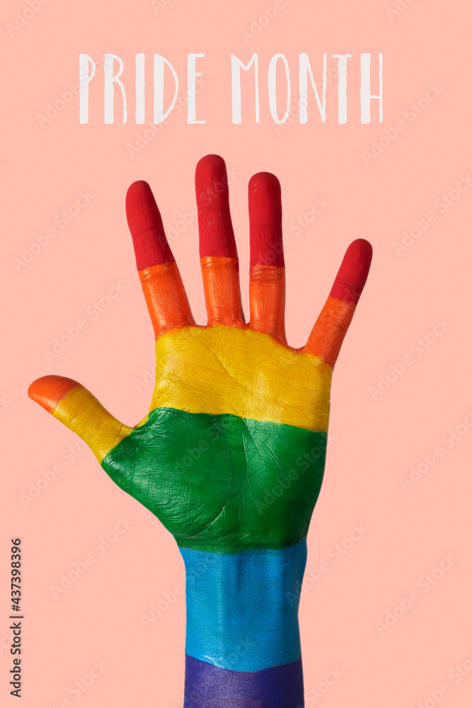 hand painted as rainbow flag and text pride month - obrazy, fototapety, plakaty 