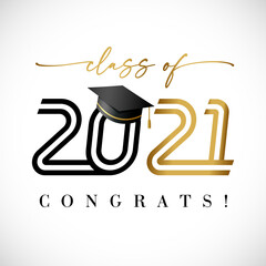 Wall Mural - 2021 class of golden line art text, graduates black lettering banner. Vector illustration black and gold logo congratulation degree ceremony with academic student hat