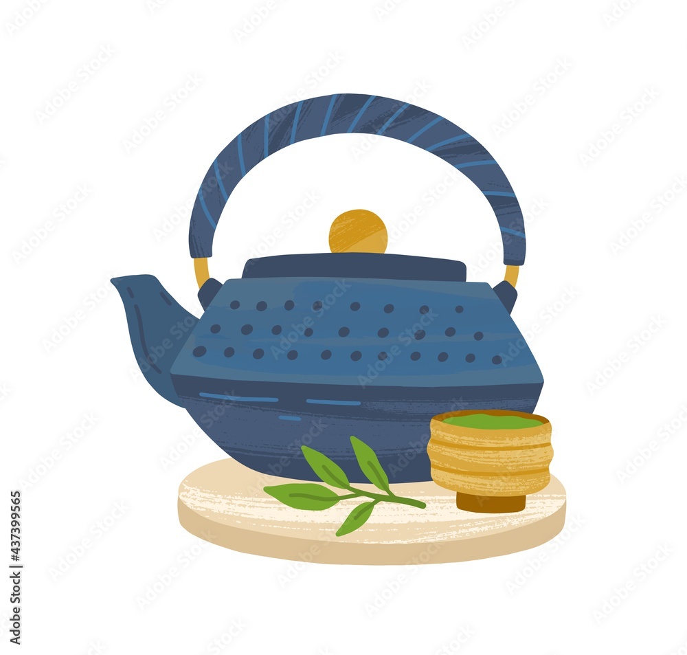 Japanese cast-iron teapot, matcha powder in wooden bowl and green tea leaf served on bamboo board. Asian traditional kettle. Colored flat vector illustration isolated on white background - obrazy, fototapety, plakaty 