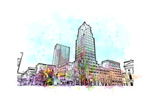 Building View With Landmark Of Fort Wayne Is A City In Northeastern Indiana. Watercolor Splash With Hand Drawn Sketch Illustration In Vector.