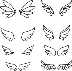 Wall Mural - Wings doodle set in hand drawn style on black background. Vector graphic illustration. Hand drawn style. Sketch drawing. Nature background. Line drawing style. Creative concept.