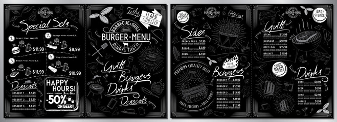 Wall Mural - Burger bar menu template - A3 to A4 size (sides, burgers, grill, drinks, sets) - vector illustration