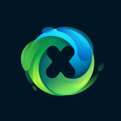 Wall Mural - Eco-friendly X letter logo inside a swirl green circle.