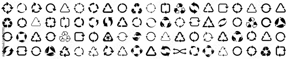 Biodegradable, compostable, recyclable icon set. Set of arrow recycle. Mega set of recycle icon. Green recycling and rotation arrow icon pack.Vector illustration - obrazy, fototapety, plakaty 