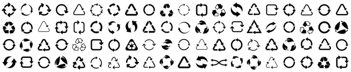 Biodegradable, compostable, recyclable icon set. Set of arrow recycle. Mega set of recycle icon. Green recycling and rotation arrow icon pack.Vector illustration