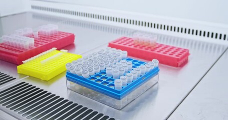 Poster - The scientist prepares for the experiment, puts a rack with test tubes on a metal table in a sterile cabinet, next to them are red racks with test tubes.