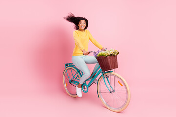 Wall Mural - Portrait of pretty amazed funny cheerful girl riding bike having fun fast speed isolated over pastel pink color background