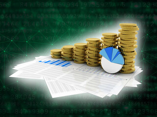 3d rendering Stock market online business concept. business Graph with gold coin