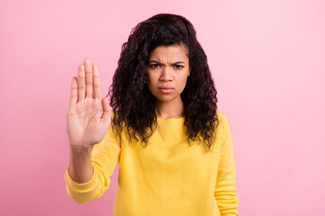 Poster - Photo of young black girl unhappy negative show palm stop ban block rejection isolated over pink color background