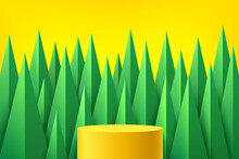 Yellow Platform Podium. Green Triangle Shape Overlap On Yellow Background. Abstract Wall Scene. Geometric Pedestal Natural Summer Concept. Vector Rendering 3d Shape For Product Display Presentation.