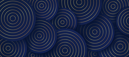 Wall Mural - Radiant circle dark blue and gold colors for illusion background. Blue and gold luxury pattern background. Abstract circle overlap pattern design with shadow. EPS10 vector