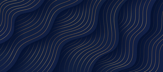 Wall Mural - Abstract fluid wavy shape on dark navy blue background, Golden lines decorate. Luxury layered curve pattern design. You can use for cover brochure template, poster, banner web, print ad. EPS10 vector
