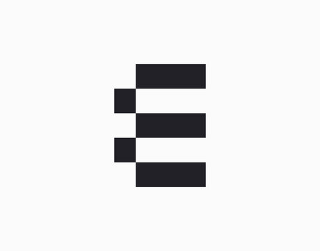 E Letter Initial Pixel Art White and Black Logo Design Template. Business, Company, web, design and 8 bit games Icon Line Art Vector