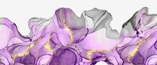 Abstract Alcohol Ink Background, Modern Luxury Wallpaper, Purple And Grey Colors, Design With Golden Elements, Hand Drawn Art With White Copy Space	