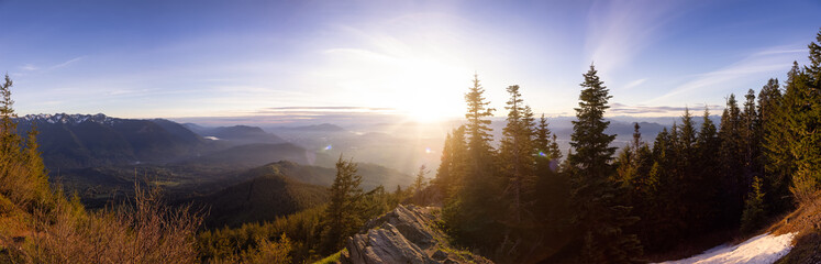 Wall Mural - Panoramic View of Fraser Valley during a colorful cloudy sunset. Taken from Elk Mountain in Chilliwack, East of Vancouver, British Columbia, Canada. Nature Landscape Panorama Background