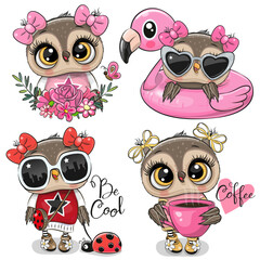 Sticker - Cute cartoon owls on a white background